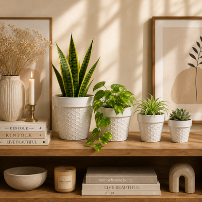 House of Elegance Hub Ceramic Planter Set of 4 | White Embossed Indoor Plant Pots for Home Décor | Modern Decorative Ceramic Flower Pots for Succulents, Snake Plant, Pothos & Indoor Plants