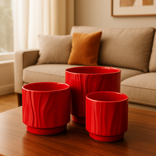 Premium Ceramic Cherry Red Abstract Planters | Set of 3 Artistic Pots | Modern Home Décor