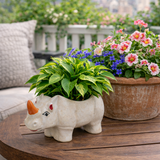 House of Elegance Hub Rhino Shaped Ceramic Planter | Animal Design Decorative Plant Pot for Home & Office | Indoor Tabletop Planter (21 cm Length, 12 cm Height)