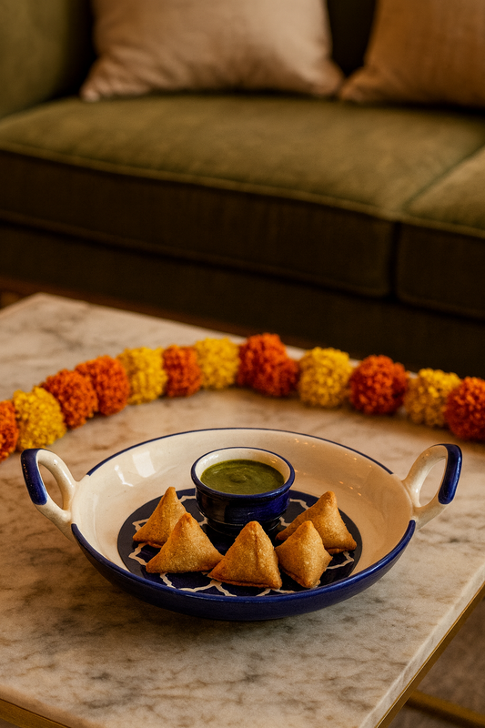 Ceramic Dip Platter with Attached Bowl | Blue Pottery Serving Tray for Snacks, Momos, Chips & Dips