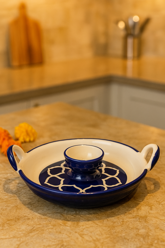 Ceramic Dip Platter with Attached Bowl | Blue Pottery Serving Tray for Snacks, Momos, Chips & Dips