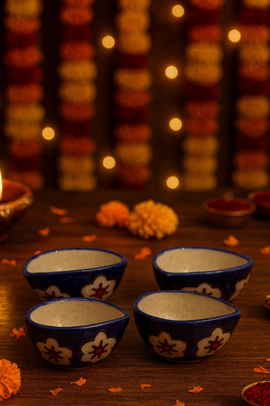 Decorative Blue with white flowers Ceramic Diyas | Set of 4 Hand-Painted Flower Motif Diyas | Elegant Diwali & Festive Décor