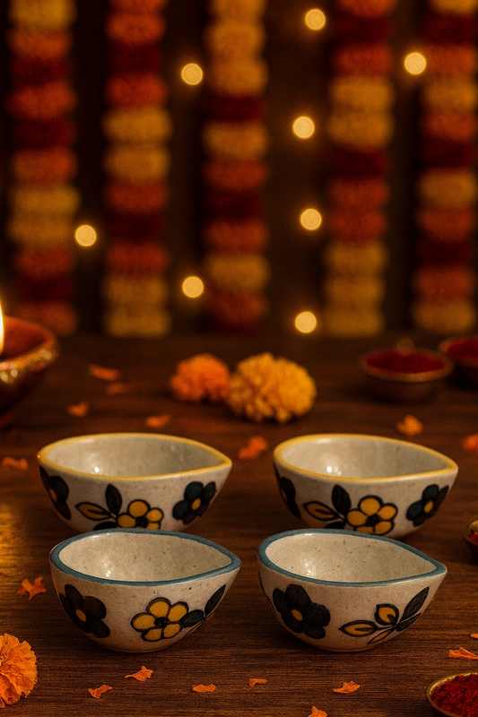Decorative Blue Pottery Ceramic Diyas | Set of 4 Hand-Painted Flower Motif Diyas | Elegant Diwali & Festive Décor