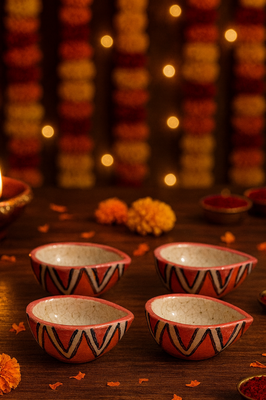 Decorative Blue Pottery Ceramic Diyas | Set of 4 Hand-Painted Flower Motif Diyas | Elegant Diwali & Festive Décor | Red with Black design
