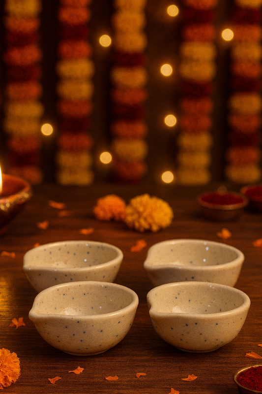 Decorative Blue Pottery Ceramic Diyas | Set of 4 Diyas | Elegant Diwali & Festive Décor | white