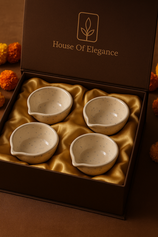 Decorative Blue Pottery Ceramic Diyas | Set of 4 Diyas | Elegant Diwali & Festive Décor | white