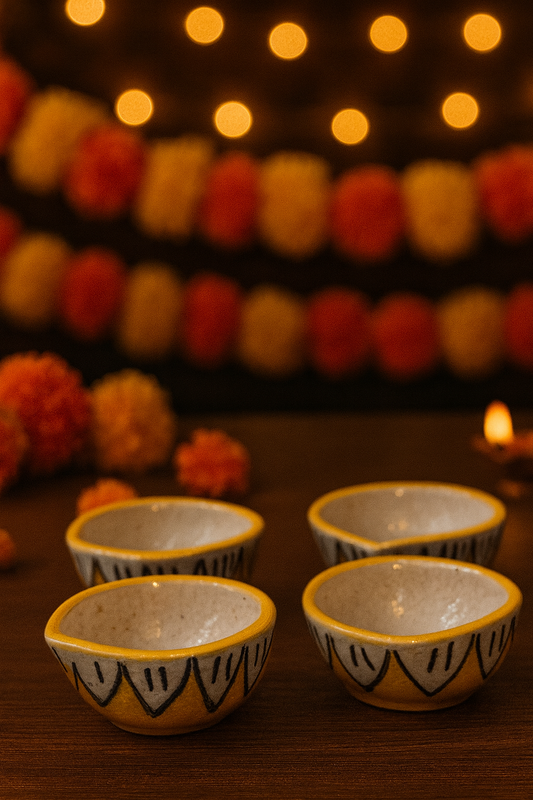 Decorative Blue Pottery Ceramic Diyas | Set of 4 Hand-Painted Flower Motif Diyas | Elegant Diwali & Festive Décor