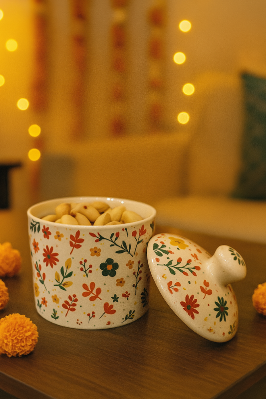 Ceramic Storage Jar with Lid | 300 ml | Multicolour Floral Design | Kitchen Container for dryfruits, snacks