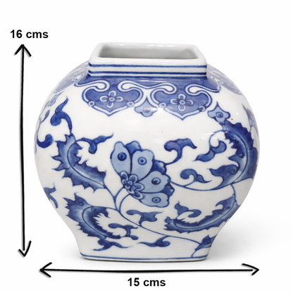 House of Elegance Hub Handcrafted Porcelain Vase | Blue & White Floral Design | 16 cm Height, 15 cm Width | Decorative Flower Vase for Living Room, Tabletop & Home Décor