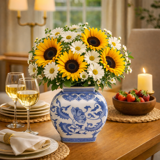 House of Elegance Hub Handcrafted Porcelain Vase | Blue & White Floral Design | 16 cm Height, 15 cm Width | Decorative Flower Vase for Living Room, Tabletop & Home Décor