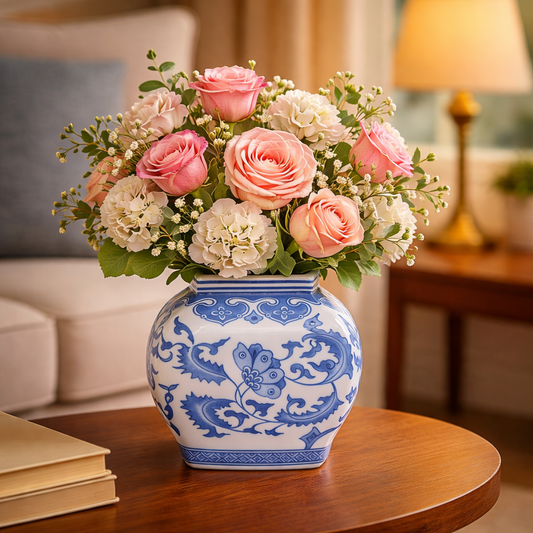 House of Elegance Hub Handcrafted Porcelain Vase | Blue & White Floral Design | 16 cm Height, 15 cm Width | Decorative Flower Vase for Living Room, Tabletop & Home Décor