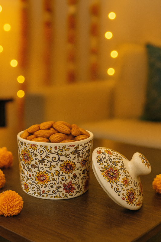 Ceramic Storage Jar with Lid | 300 ml | Multicolour Floral Design | Kitchen Container for dryfruits, snacks | Yellow Floral Design