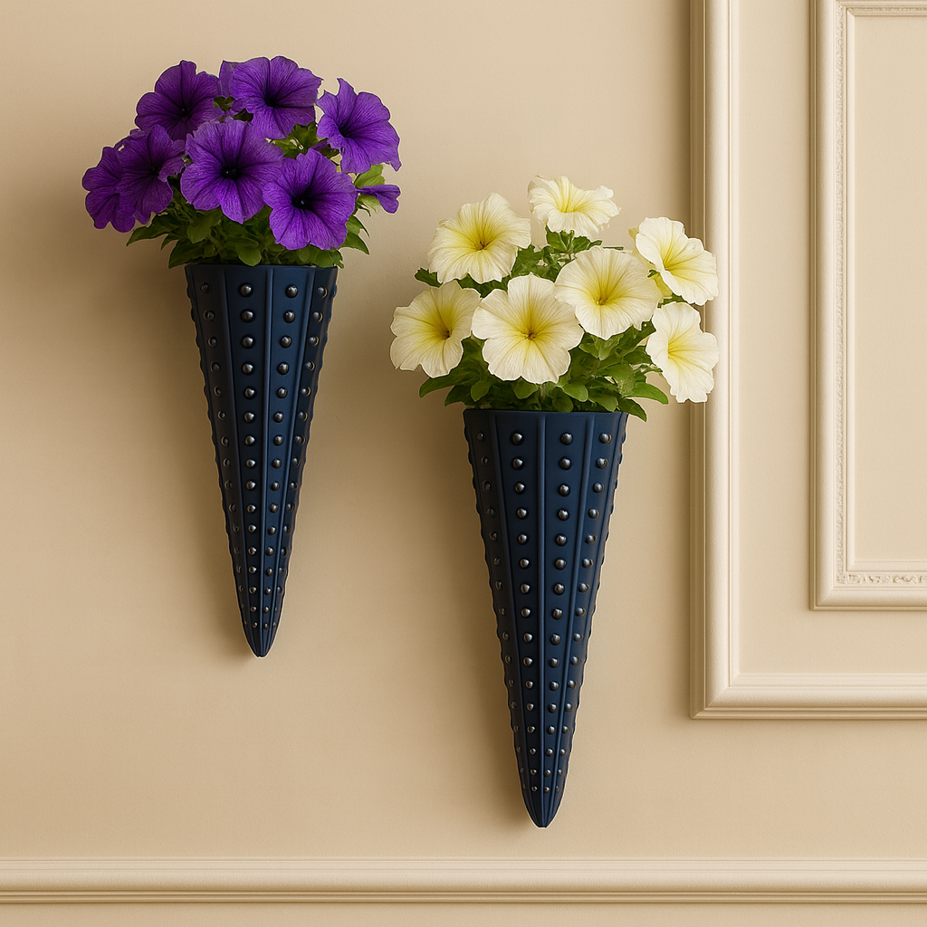 Blue Ceramic Wall Hanging Vase (Set of 2) – Long Cone Flower Holder (25 × 7 cm)