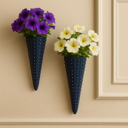 Blue Ceramic Wall Hanging Vase (Set of 2) – Long Cone Flower Holder (25 × 7 cm)