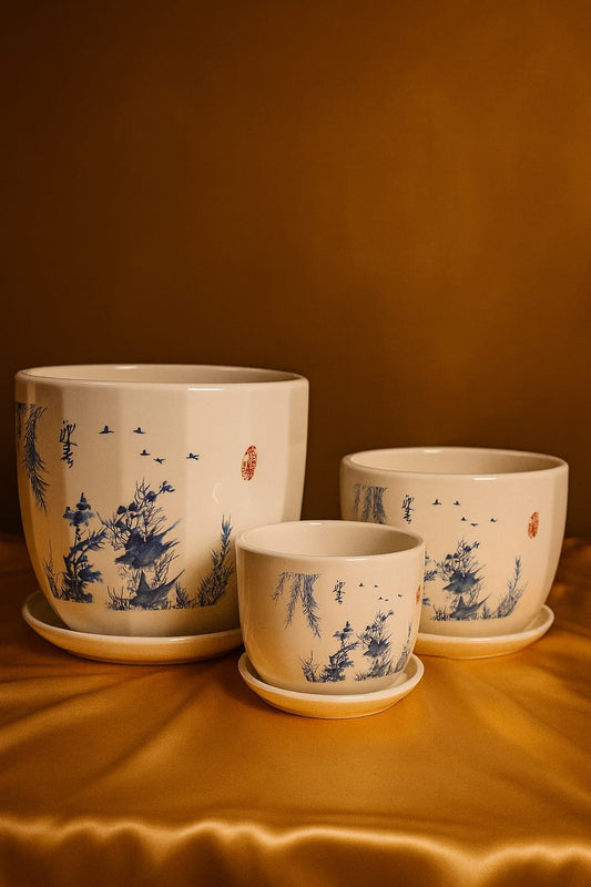Beautiful Blue Scenery Ceremic Planter (Set of 3)