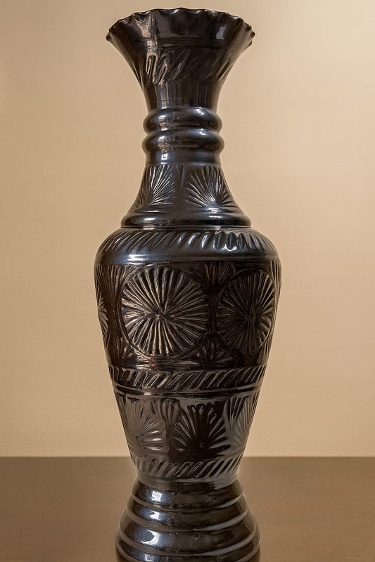 Ceramic Floor Vase | Traditional Black Floral Pattern | Glazed Finish