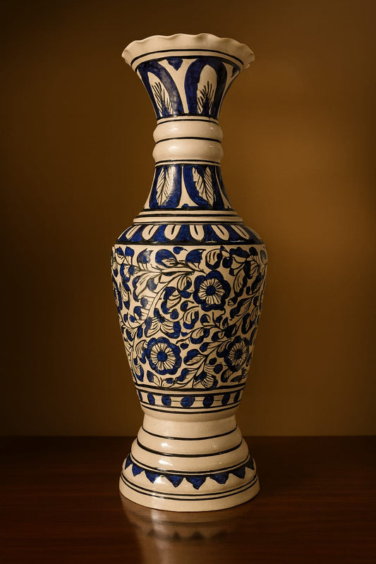House of Elegance Decorative Ceramic Big Vase with Blue Floral Design | 30 in Height x 10 in Width | White and Blue