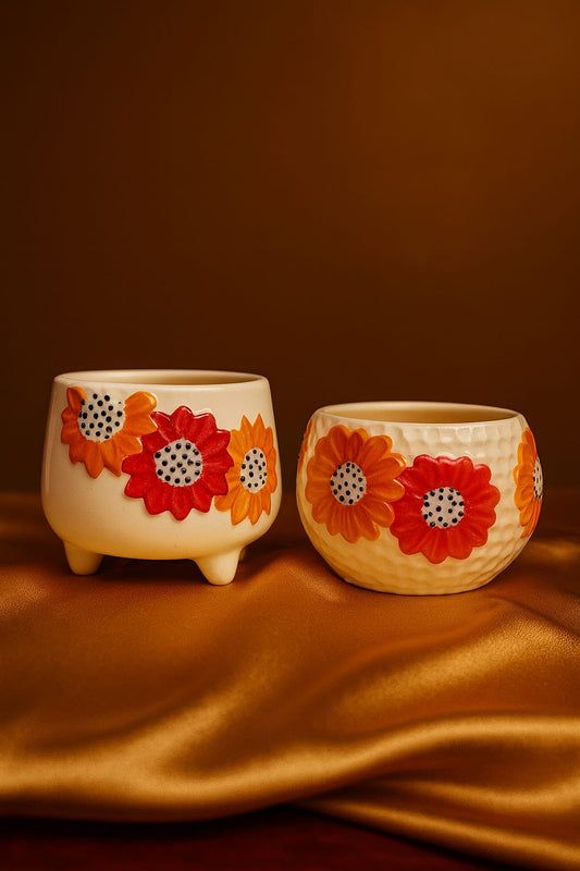 Beautiful Ceremic Red & Yellow Flowers (Oval & Legged) Combination planter set