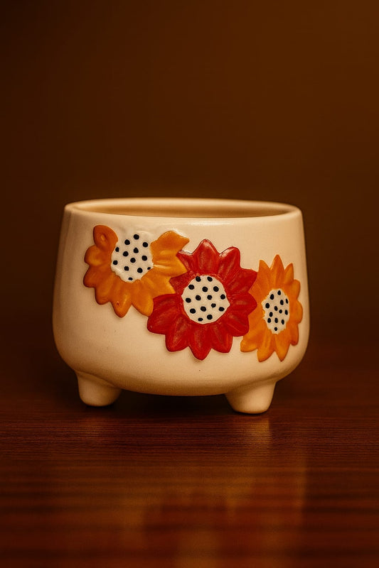 Three legged Ceremic Yellow & Red Flower Planter