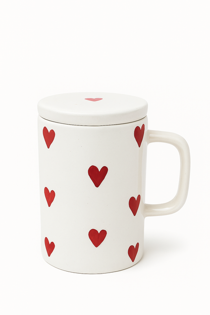 Long Ceramic Heart Mug with Lid – 12.5 cm Tall Coffee Cup | Cute Valentine Gift | Hot Beverage Mug