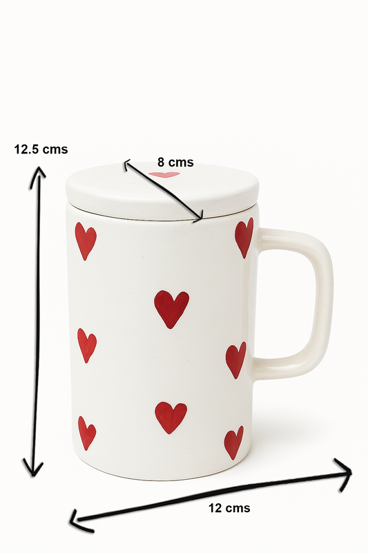 Long Ceramic Heart Mug with Lid – 12.5 cm Tall Coffee Cup | Cute Valentine Gift | Hot Beverage Mug