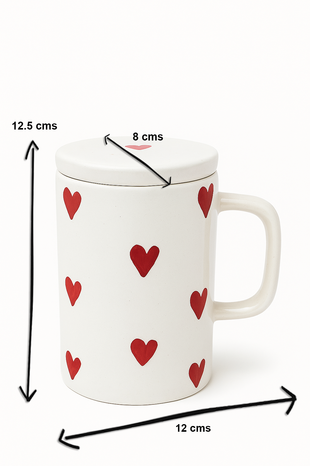 Long Ceramic Heart Mug with Lid – 12.5 cm Tall Coffee Cup | Cute Valentine Gift | Hot Beverage Mug