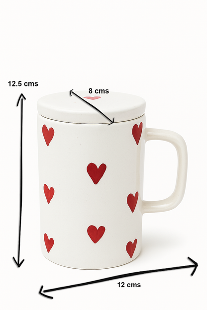 Long Ceramic Heart Mug with Lid – 12.5 cm Tall Coffee Cup | Cute Valentine Gift | Hot Beverage Mug