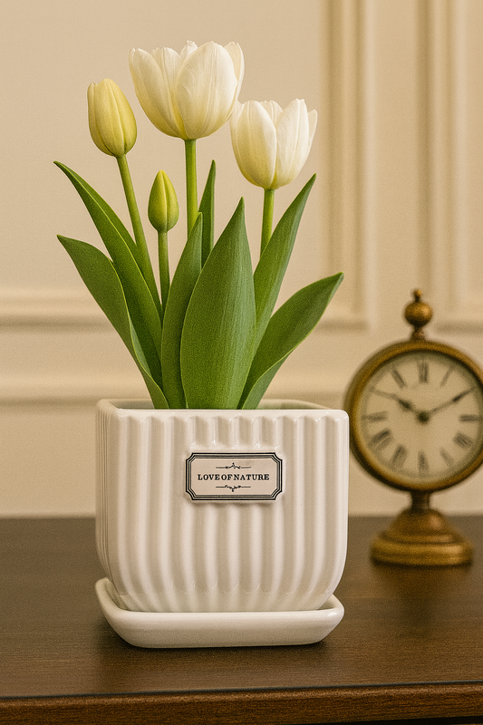 Elegant White Square Ribbed Ceramic Planter – 4x4 Inch | Luxury Indoor Plant Pot with “Love of Nature” Label | HouseOfEleganceHub | Premium Export Collection | Designer Ceramic Planter for Home & Office Décor