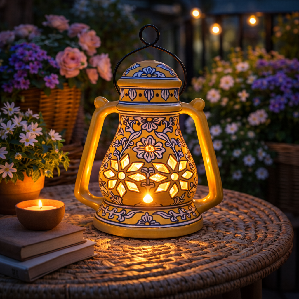 House of Elegance Hub Handcrafted Yellow Ceramic Lantern with Handle | 27 cm Height, 23 cm Width | Decorative Candle Holder Lantern | Traditional Home Décor