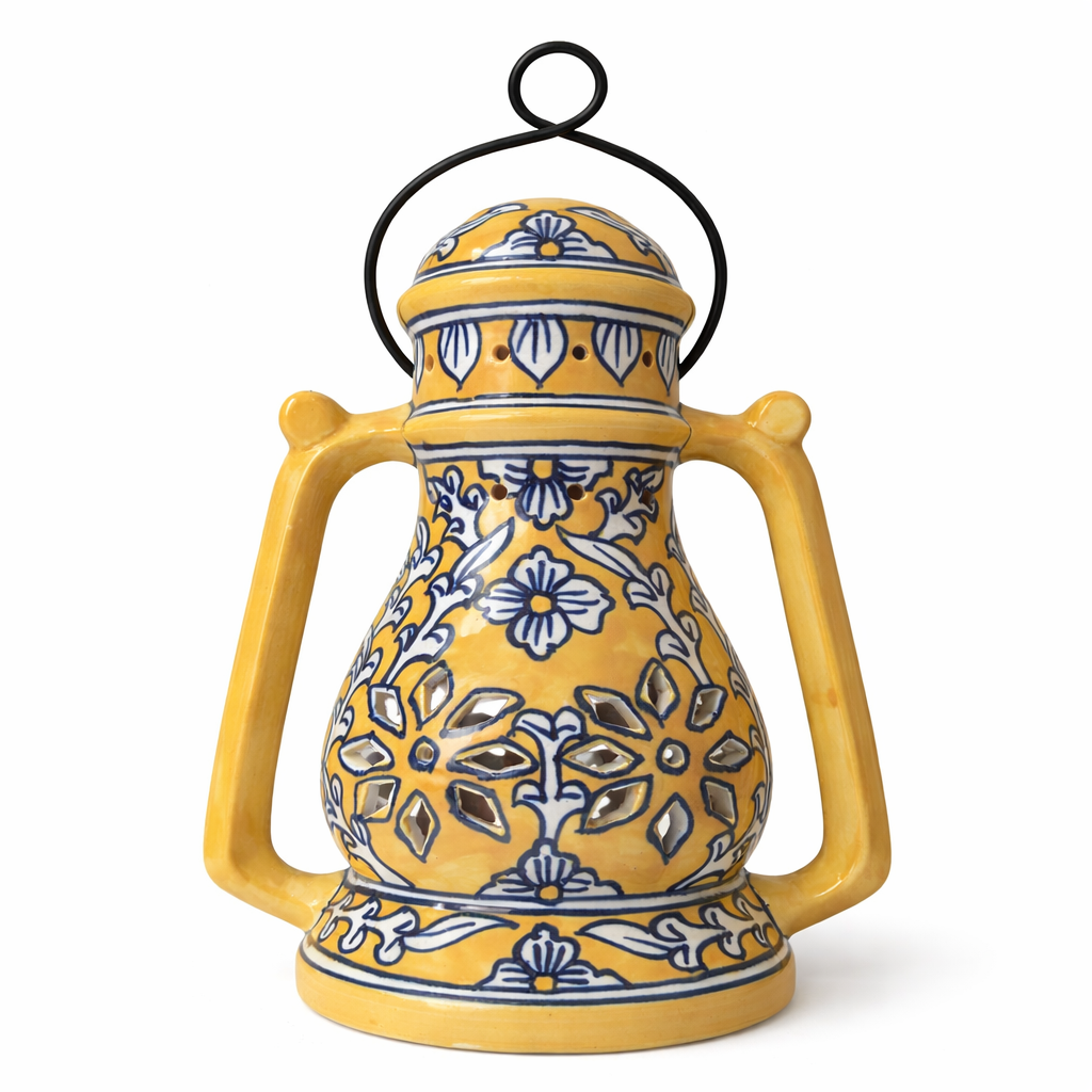 House of Elegance Hub Handcrafted Yellow Ceramic Lantern with Handle | 27 cm Height, 23 cm Width | Decorative Candle Holder Lantern | Traditional Home Décor