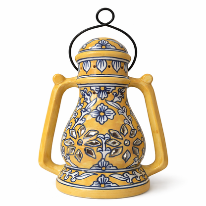 House of Elegance Hub Handcrafted Yellow Ceramic Lantern with Handle | 27 cm Height, 23 cm Width | Decorative Candle Holder Lantern | Traditional Home Décor