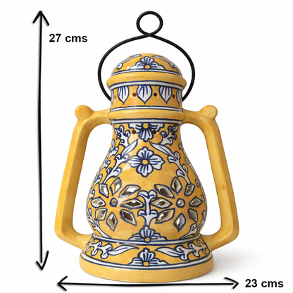 House of Elegance Hub Handcrafted Yellow Ceramic Lantern with Handle | 27 cm Height, 23 cm Width | Decorative Candle Holder Lantern | Traditional Home Décor