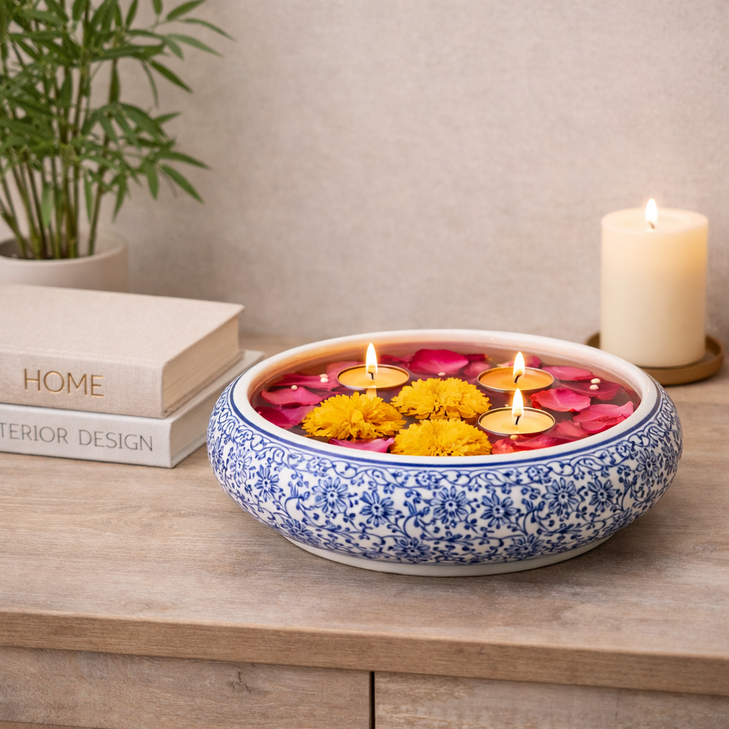 House of Elegance Hub 12 Inch Blue & White Porcelain Urli Bowl – Imported Ceramic Decorative Water Bowl for Floating Flowers & Candles, Centerpiece for Living Room, Festive & Diwali Decor