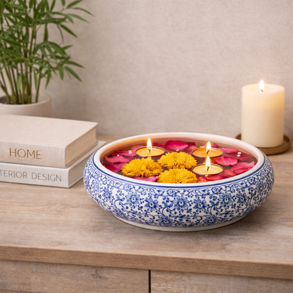 House of Elegance Hub 12 Inch Blue & White Porcelain Urli Bowl – Imported Ceramic Decorative Water Bowl for Floating Flowers & Candles, Centerpiece for Living Room, Festive & Diwali Decor