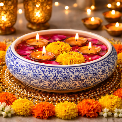 House of Elegance Hub 12 Inch Blue & White Porcelain Urli Bowl – Imported Ceramic Decorative Water Bowl for Floating Flowers & Candles, Centerpiece for Living Room, Festive & Diwali Decor