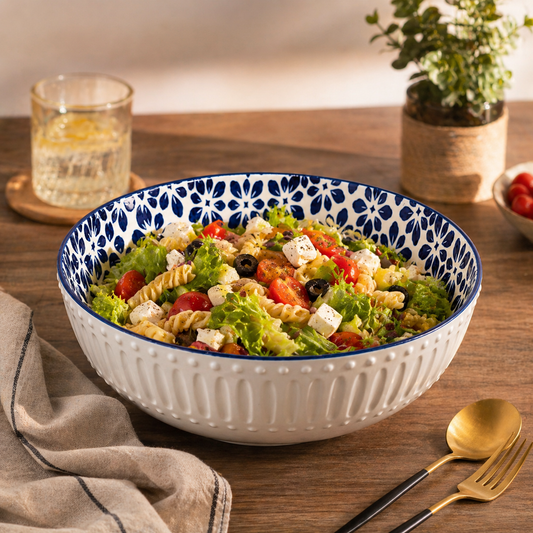 Premium Ceramic Serving Bowl (10 Inch, 5 Inch Height) | Blue & White Pattern | Large Salad, Fruit & Snack Bowl | Microwave & Dishwasher Safe | Elegant Dining Bowl – House of Elegance Hub