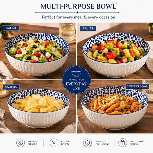 Premium Ceramic Serving Bowl (10 Inch, 5 Inch Height) | Blue & White Pattern | Large Salad, Fruit & Snack Bowl | Microwave & Dishwasher Safe | Elegant Dining Bowl – House of Elegance Hub