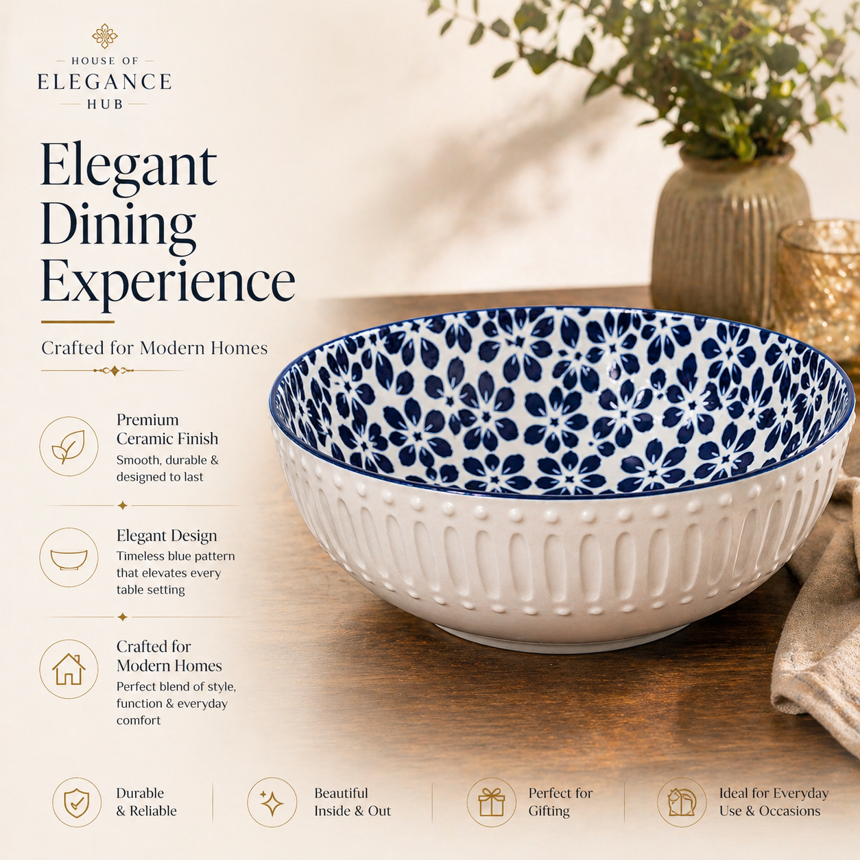 Premium Ceramic Serving Bowl (10 Inch, 5 Inch Height) | Blue & White Pattern | Large Salad, Fruit & Snack Bowl | Microwave & Dishwasher Safe | Elegant Dining Bowl – House of Elegance Hub