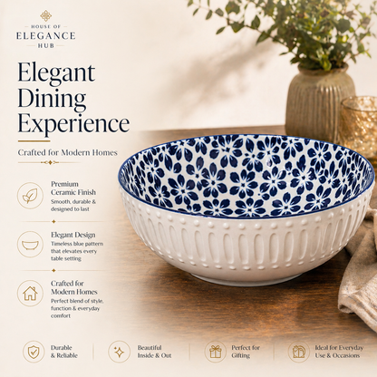 Premium Ceramic Serving Bowl (10 Inch, 5 Inch Height) | Blue & White Pattern | Large Salad, Fruit & Snack Bowl | Microwave & Dishwasher Safe | Elegant Dining Bowl – House of Elegance Hub