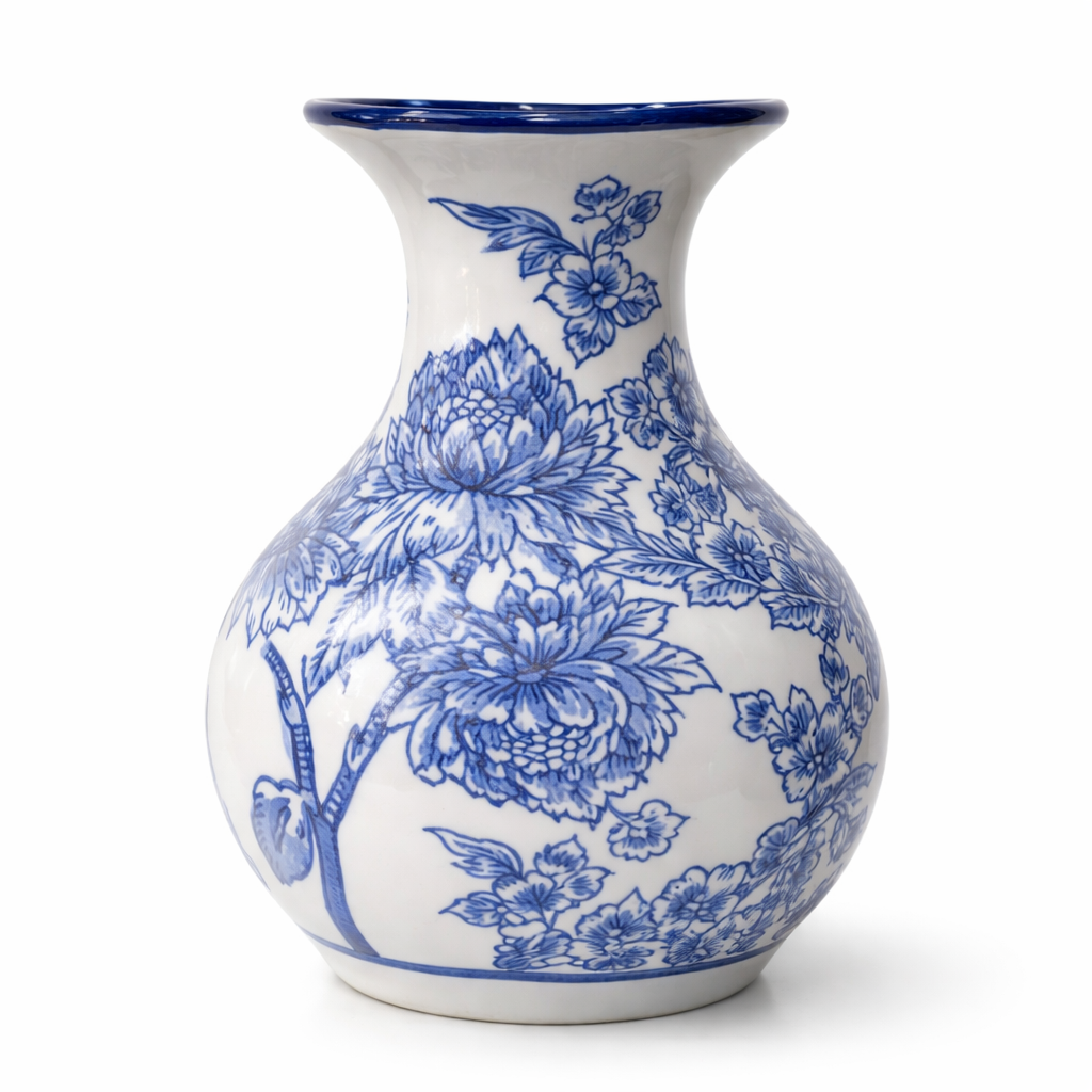 Blue & White Porcelain Vase – 16.5 cm Floral Ceramic Flower Vase for Home Decor, Table Centerpiece, Living Room, Office & Gifting (10 cm Diameter)