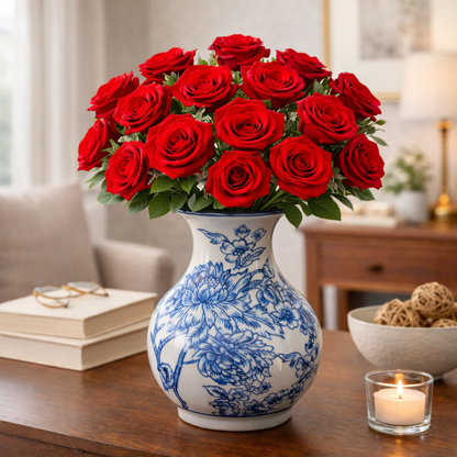 Blue & White Porcelain Vase – 16.5 cm Floral Ceramic Flower Vase for Home Decor, Table Centerpiece, Living Room, Office & Gifting (10 cm Diameter)