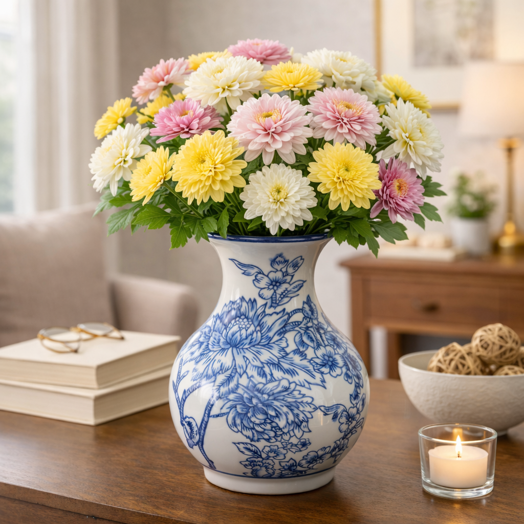 Blue & White Porcelain Vase – 16.5 cm Floral Ceramic Flower Vase for Home Decor, Table Centerpiece, Living Room, Office & Gifting (10 cm Diameter)