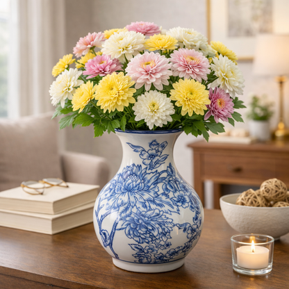 Blue & White Porcelain Vase – 16.5 cm Floral Ceramic Flower Vase for Home Decor, Table Centerpiece, Living Room, Office & Gifting (10 cm Diameter)