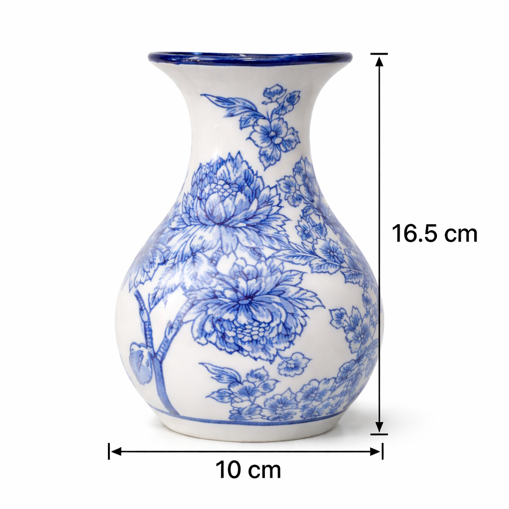 Blue & White Porcelain Vase – 16.5 cm Floral Ceramic Flower Vase for Home Decor, Table Centerpiece, Living Room, Office & Gifting (10 cm Diameter)