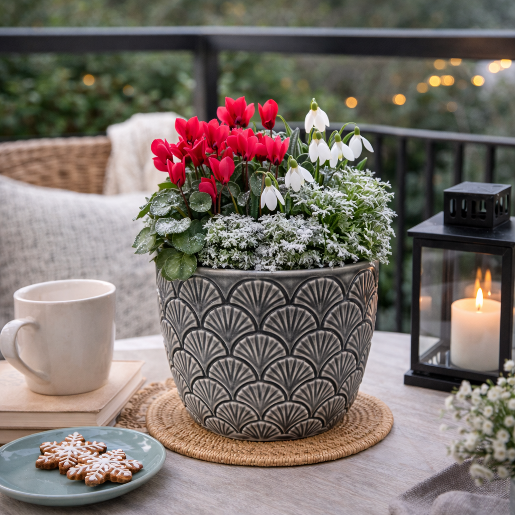 House of Elegance Hub Premium Porcelain Planter | Black Embossed Fan Texture Design | 13.5 cm Height, 13 cm Diameter | Decorative Indoor Plant Pot for Living Room, Tabletop & Home Décor