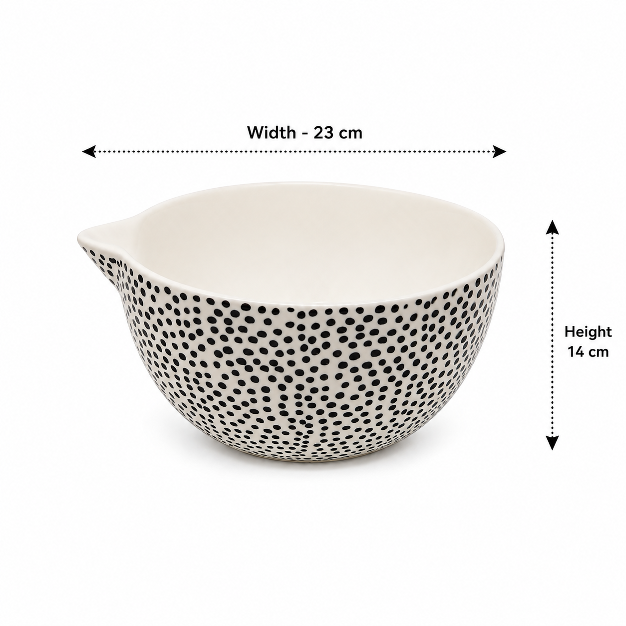 House of Elegance Hub Large Ceramic Serving Bowl with Pour Spout | 23 cm Porcelain Salad Bowl | Modern Black Dot Design Mixing Bowl for Salad, Fruits, Pasta, Snacks & Soup | Microwave Safe