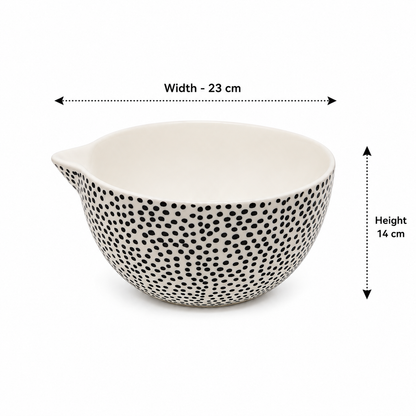 House of Elegance Hub Large Ceramic Serving Bowl with Pour Spout | 23 cm Porcelain Salad Bowl | Modern Black Dot Design Mixing Bowl for Salad, Fruits, Pasta, Snacks & Soup | Microwave Safe