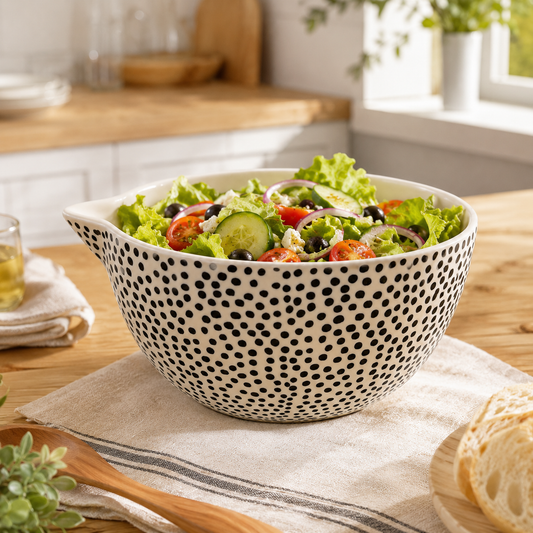 House of Elegance Hub Large Ceramic Serving Bowl with Pour Spout | 23 cm Porcelain Salad Bowl | Modern Black Dot Design Mixing Bowl for Salad, Fruits, Pasta, Snacks & Soup | Microwave Safe