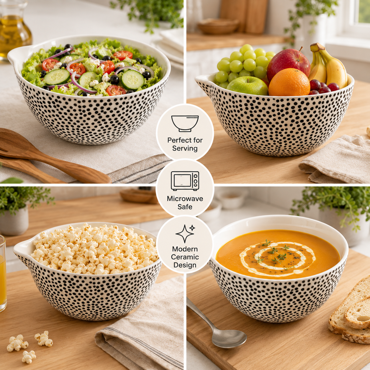 House of Elegance Hub Large Ceramic Serving Bowl with Pour Spout | 23 cm Porcelain Salad Bowl | Modern Black Dot Design Mixing Bowl for Salad, Fruits, Pasta, Snacks & Soup | Microwave Safe