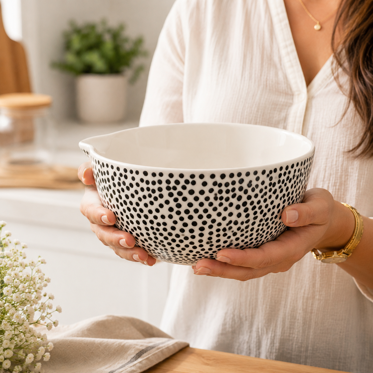 House of Elegance Hub Large Ceramic Serving Bowl with Pour Spout | 23 cm Porcelain Salad Bowl | Modern Black Dot Design Mixing Bowl for Salad, Fruits, Pasta, Snacks & Soup | Microwave Safe